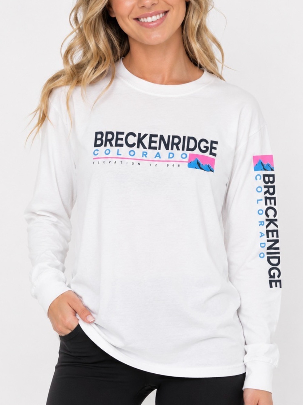 Gildan Breckenridge White Long Sleeve Tee with Navy, Pink & Blue Graphic SZ LG